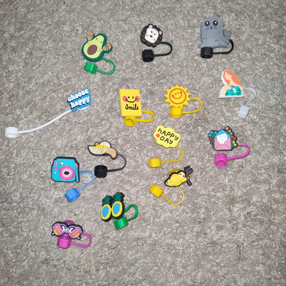 Lot of 14 Silicone Straw Toppers Cute Cup Accessories Smiley Animal Summer